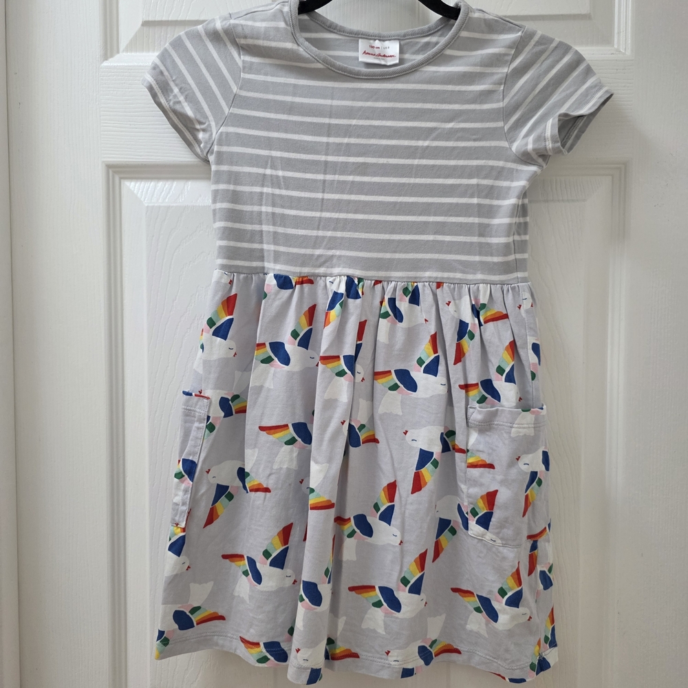 Hanna Andersson Gray Striped Dress with Rainbow Pattern